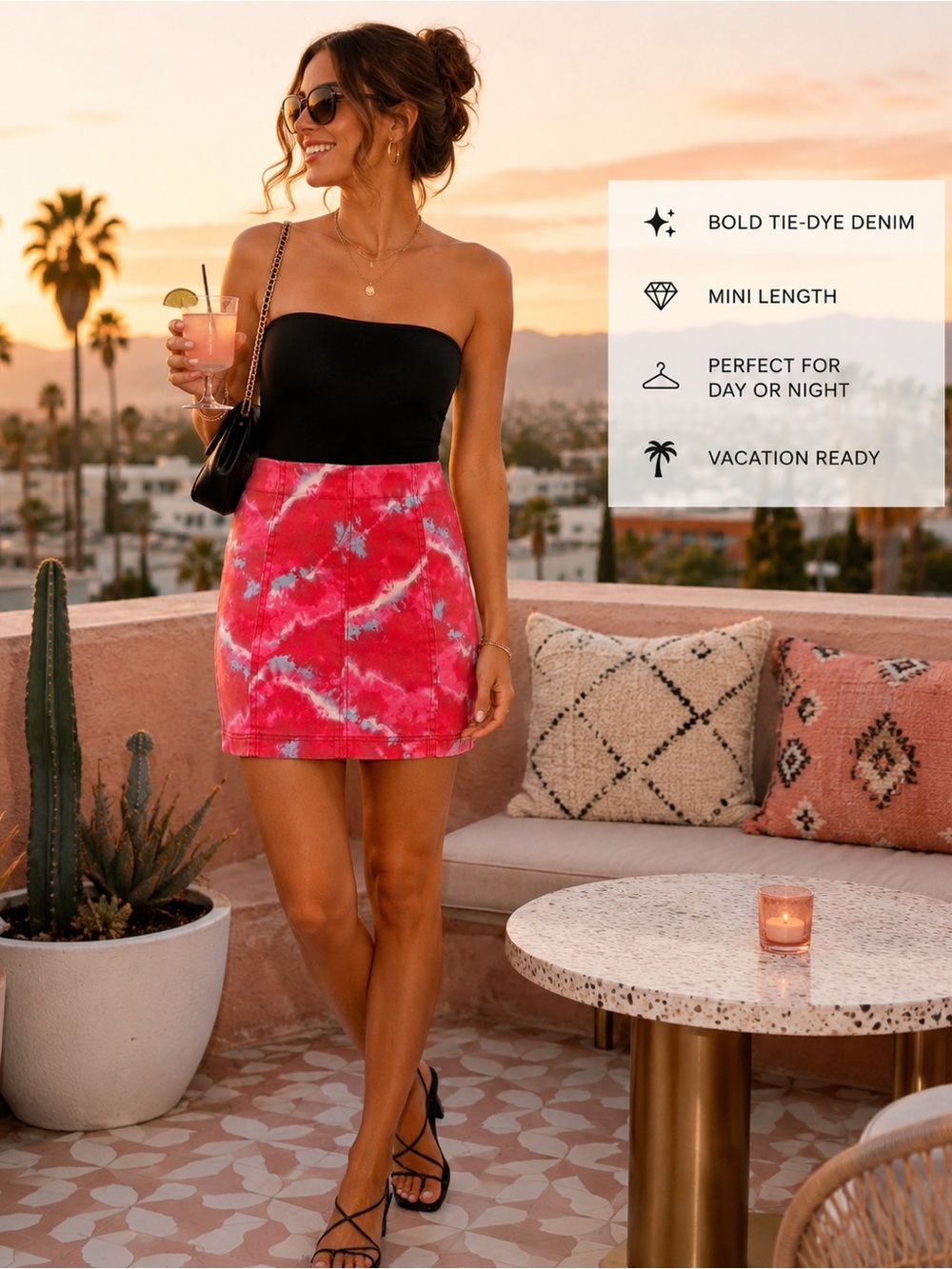 Free People Modern Femme Flamingo Flame Tie Dye Denim Mini Skirt NWOT Size 10